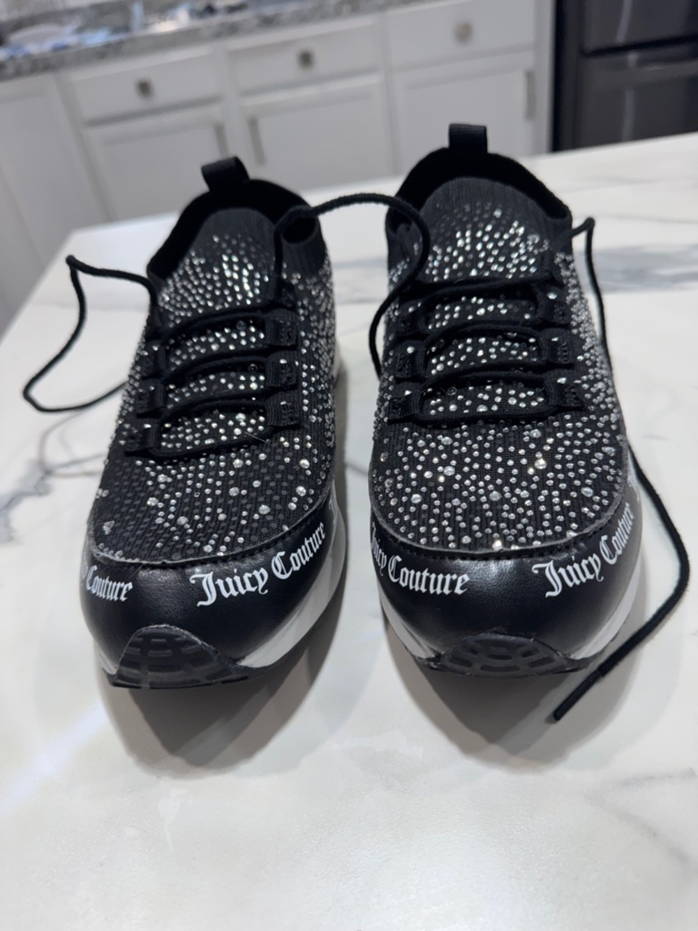 Juicy Couture Black Crystal-Studded Knit Slip-On Sneakers